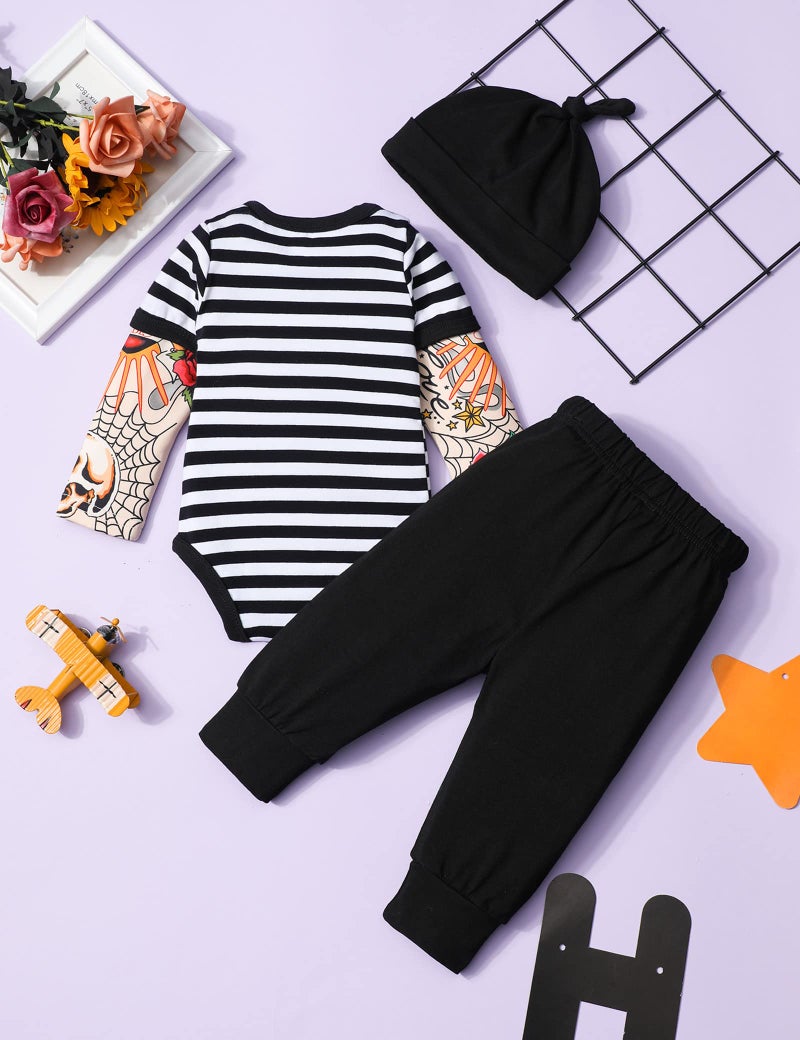Fommy Baby Boy Clothes 3-6 Months Fake Tattoo Sleeve Just Did 9 Months On The Inside Baby Rockabilly Long Sleeve Romper +Little Man Hat + Skull Pant 3PCS Baby Boy Outfits - Image 5